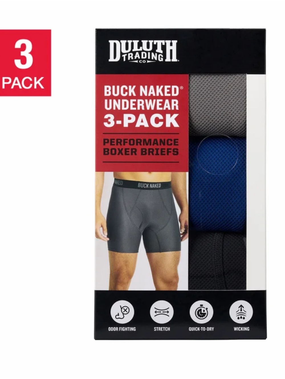 Duluth Trading Co Buck Naked Performance Boxer Briefs 3-Pack - Gray/Blue/Black